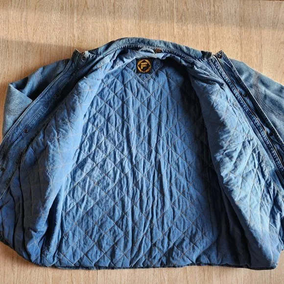 Vintage FILA Quilt-Insulated Lining Blue Denim Work Chore Jacket Zip/Snap